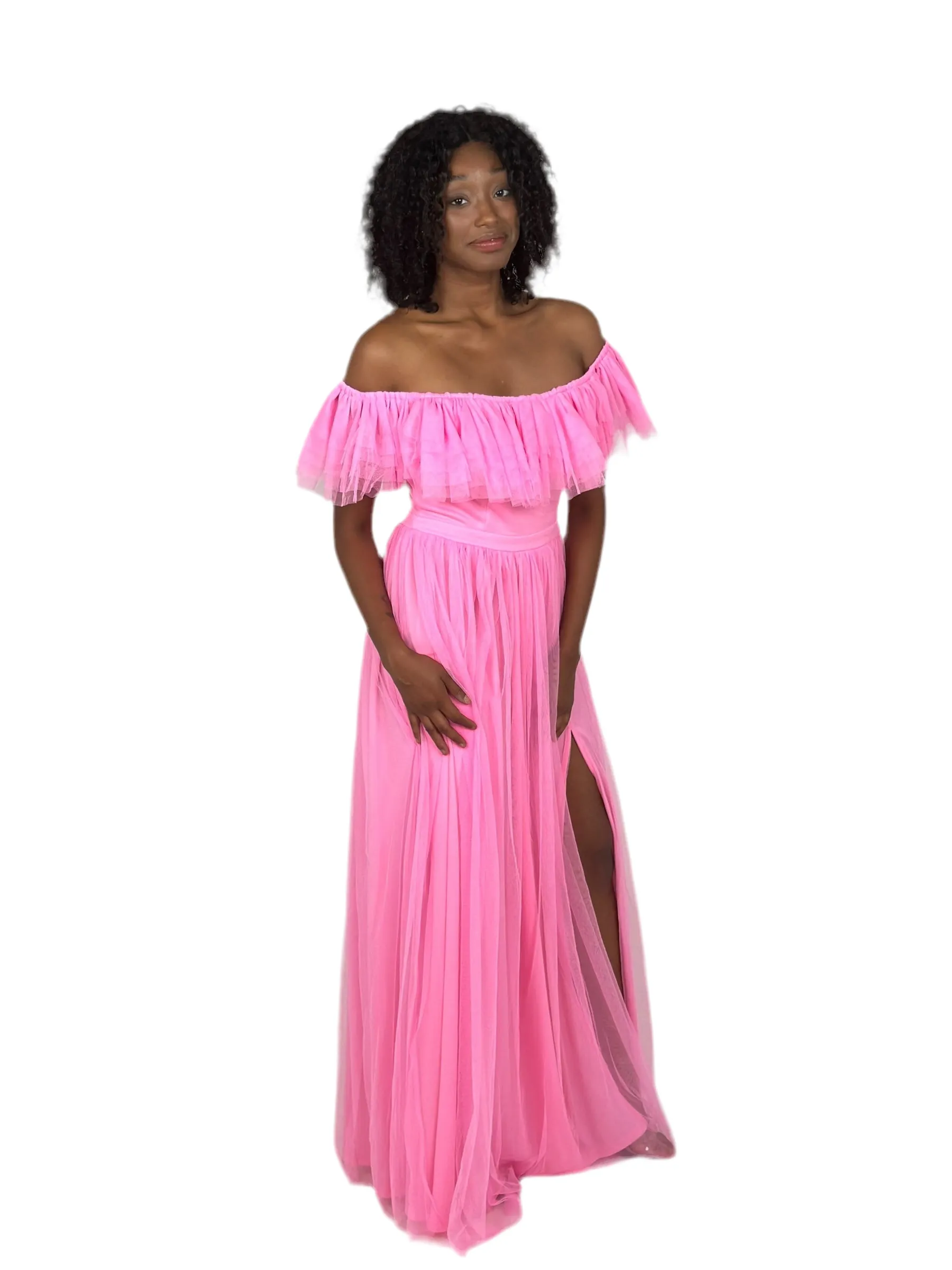 Pink Off Shoulder Ruffle Mesh Maxi Dress