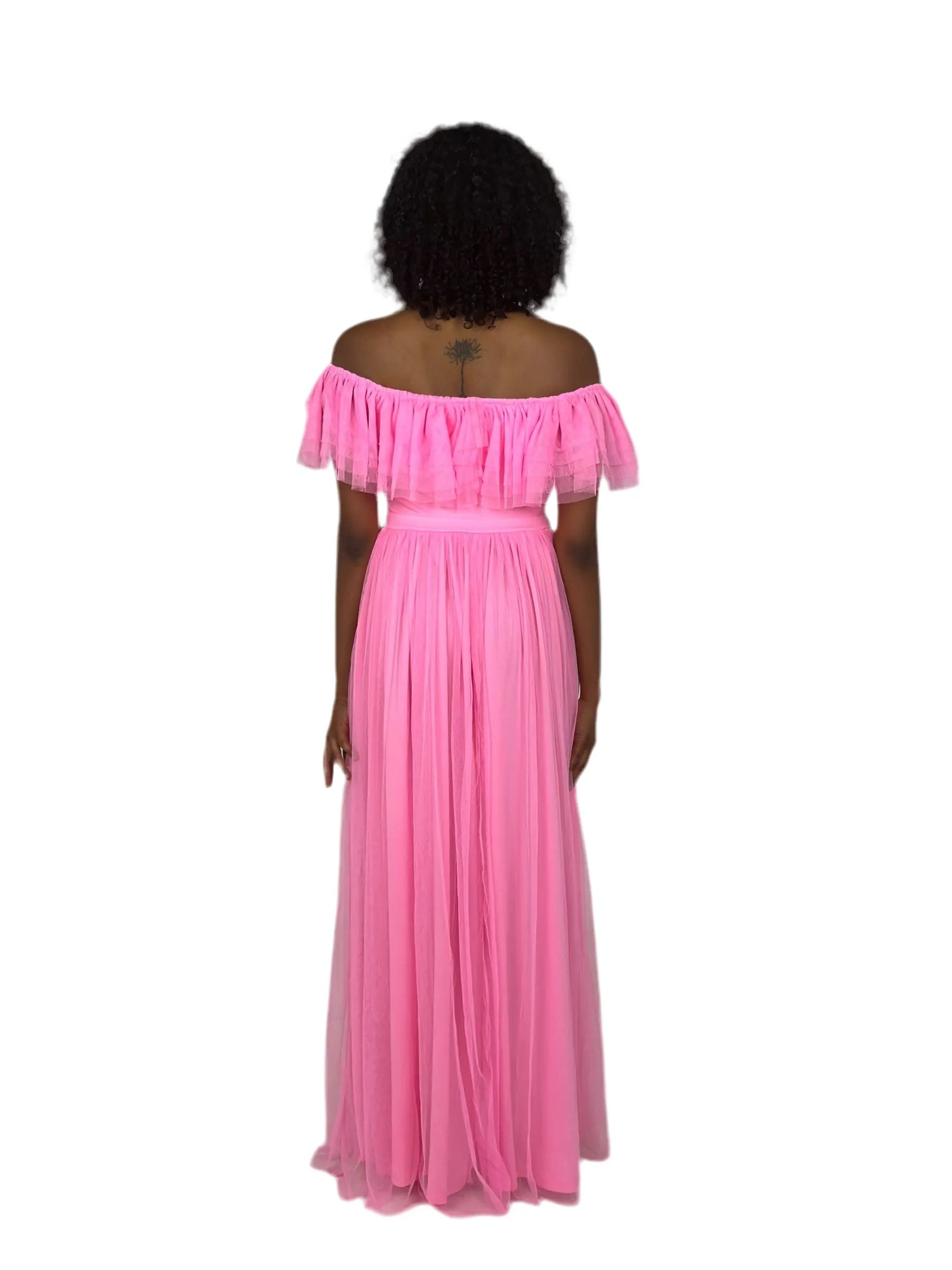 Pink Off Shoulder Ruffle Mesh Maxi Dress