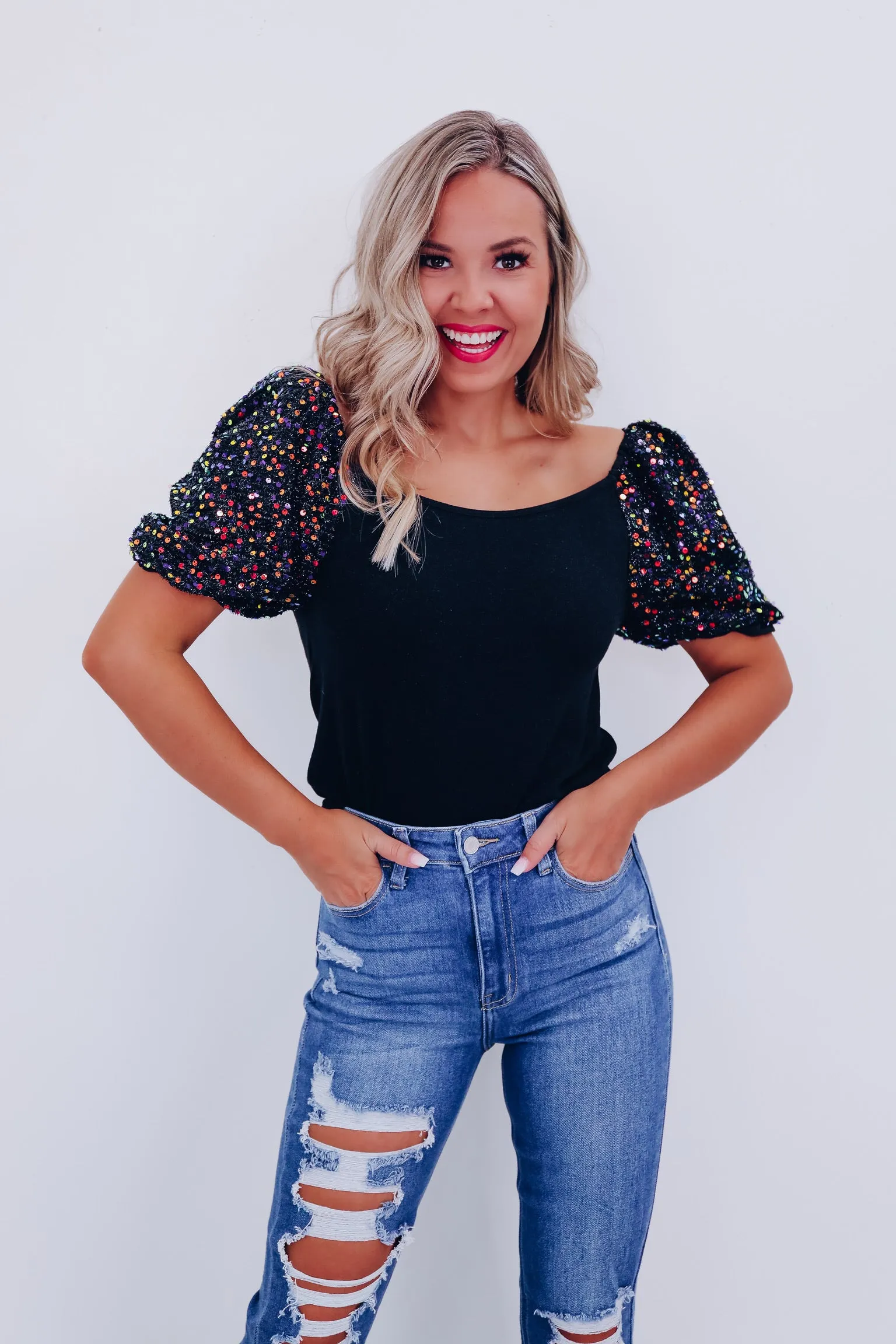 Piper Sequin Puff Sleeve Top - Black