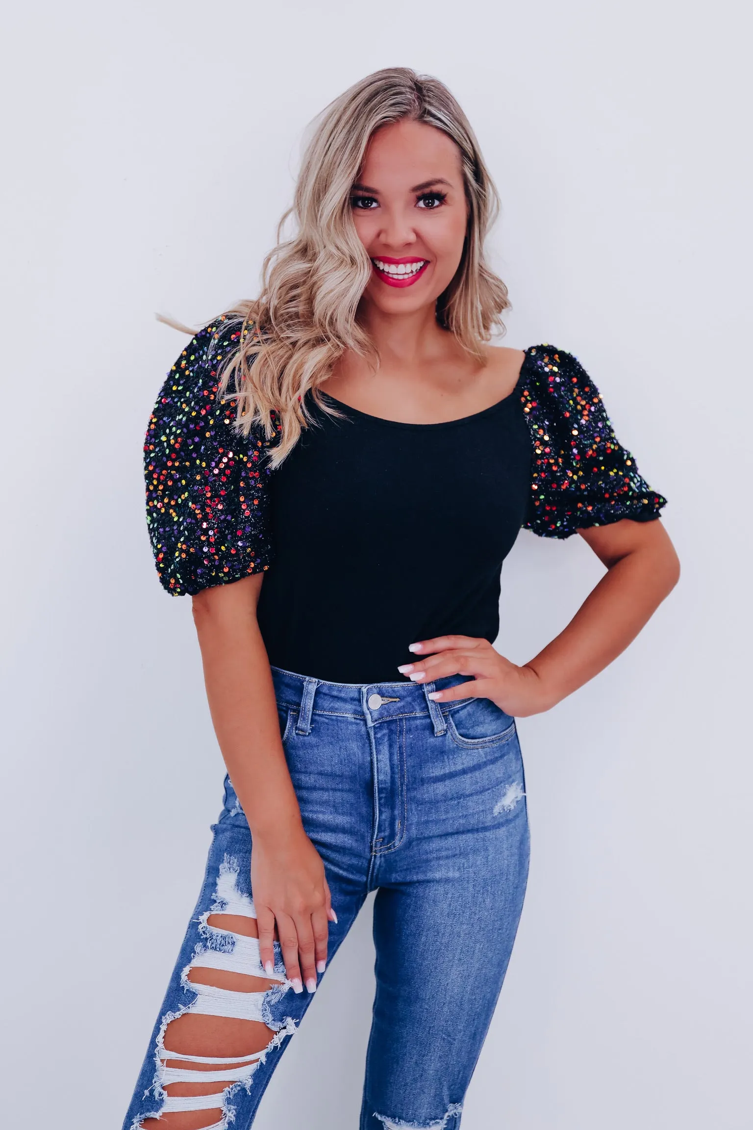 Piper Sequin Puff Sleeve Top - Black