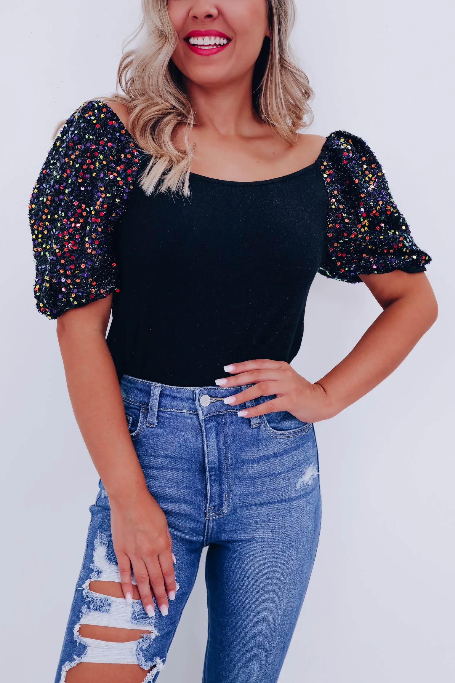 Piper Sequin Puff Sleeve Top - Black