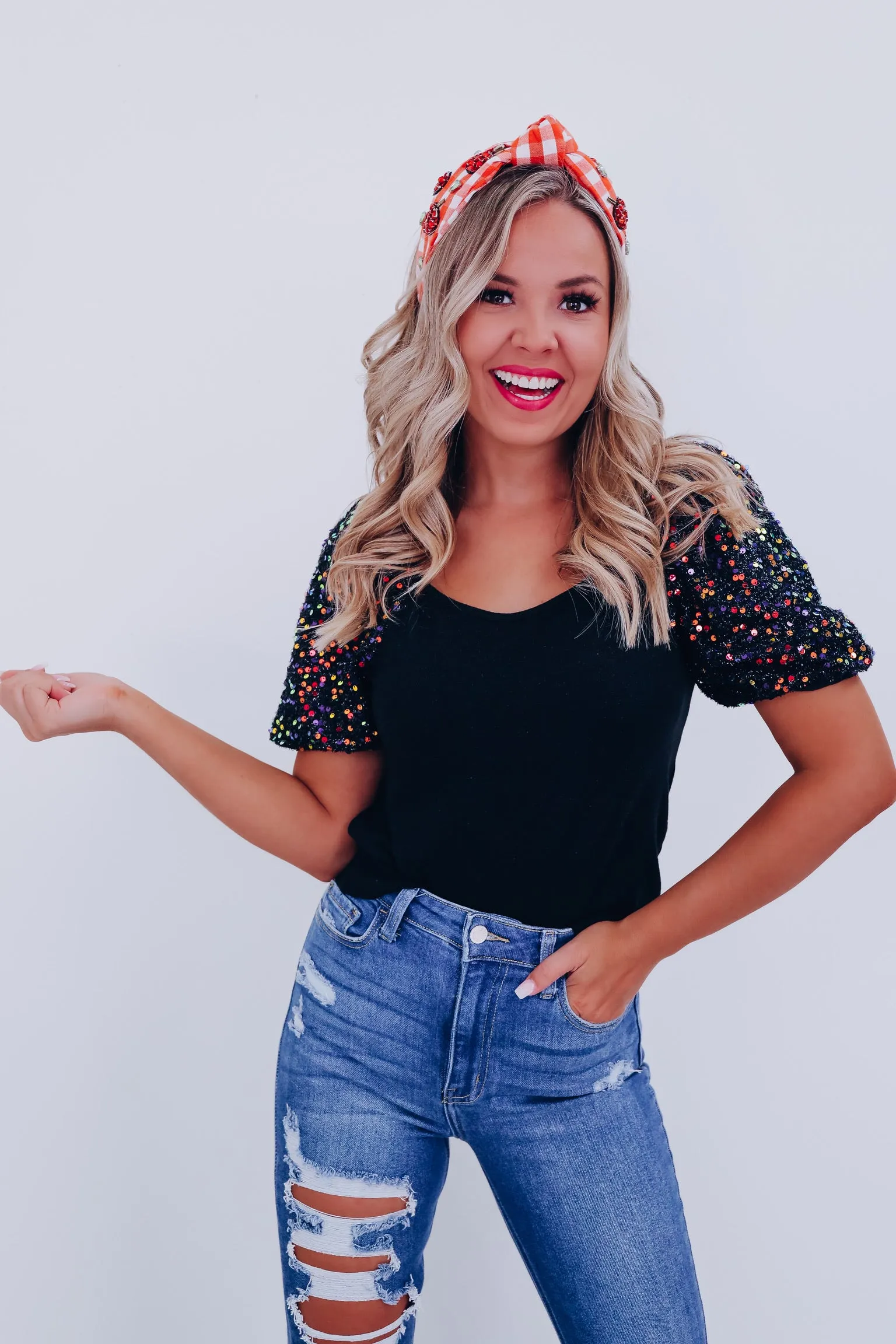 Piper Sequin Puff Sleeve Top - Black
