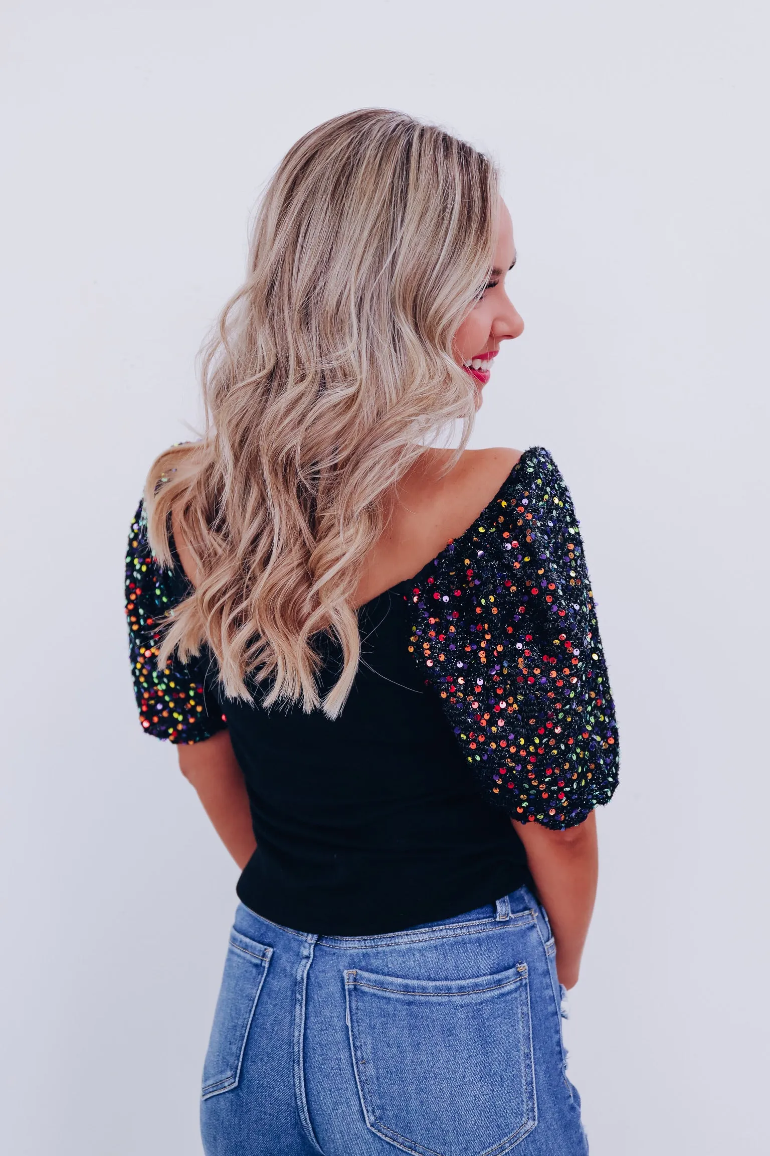 Piper Sequin Puff Sleeve Top - Black