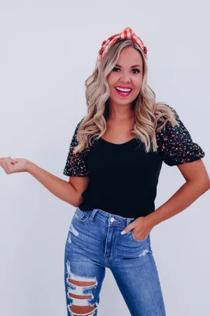 Piper Sequin Puff Sleeve Top - Black