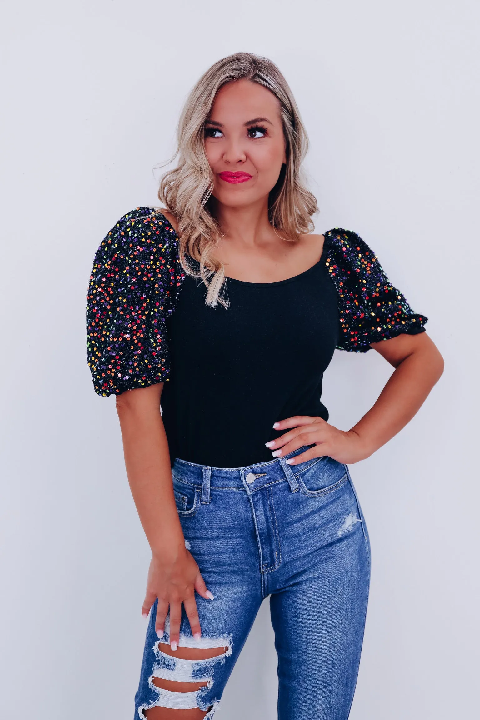 Piper Sequin Puff Sleeve Top - Black