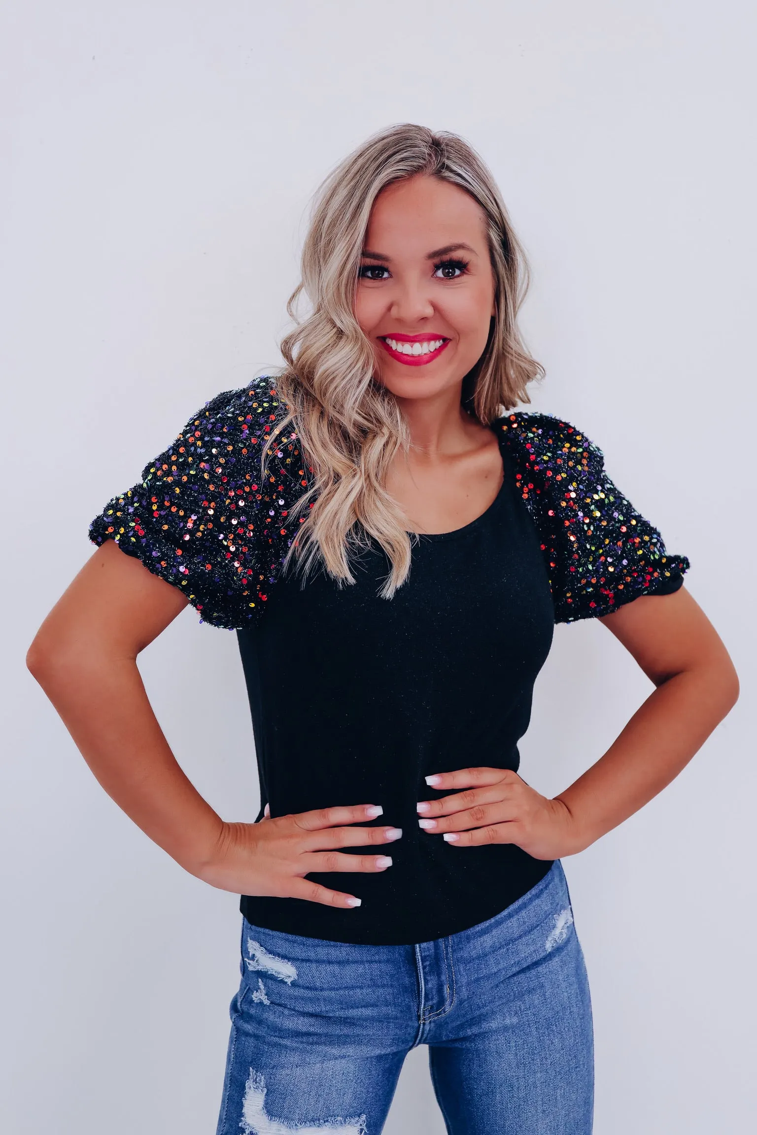Piper Sequin Puff Sleeve Top - Black