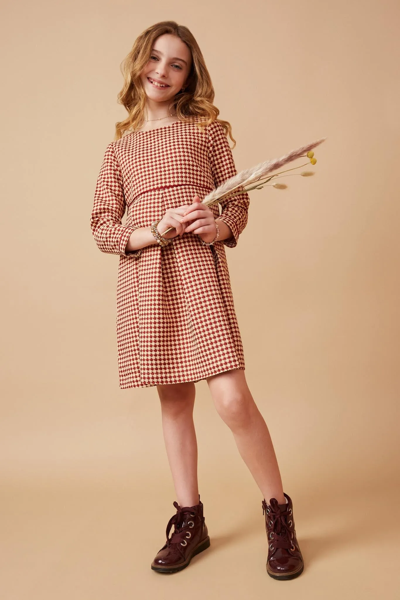 Piping Detailed Houndstooth Box Pleat Dress