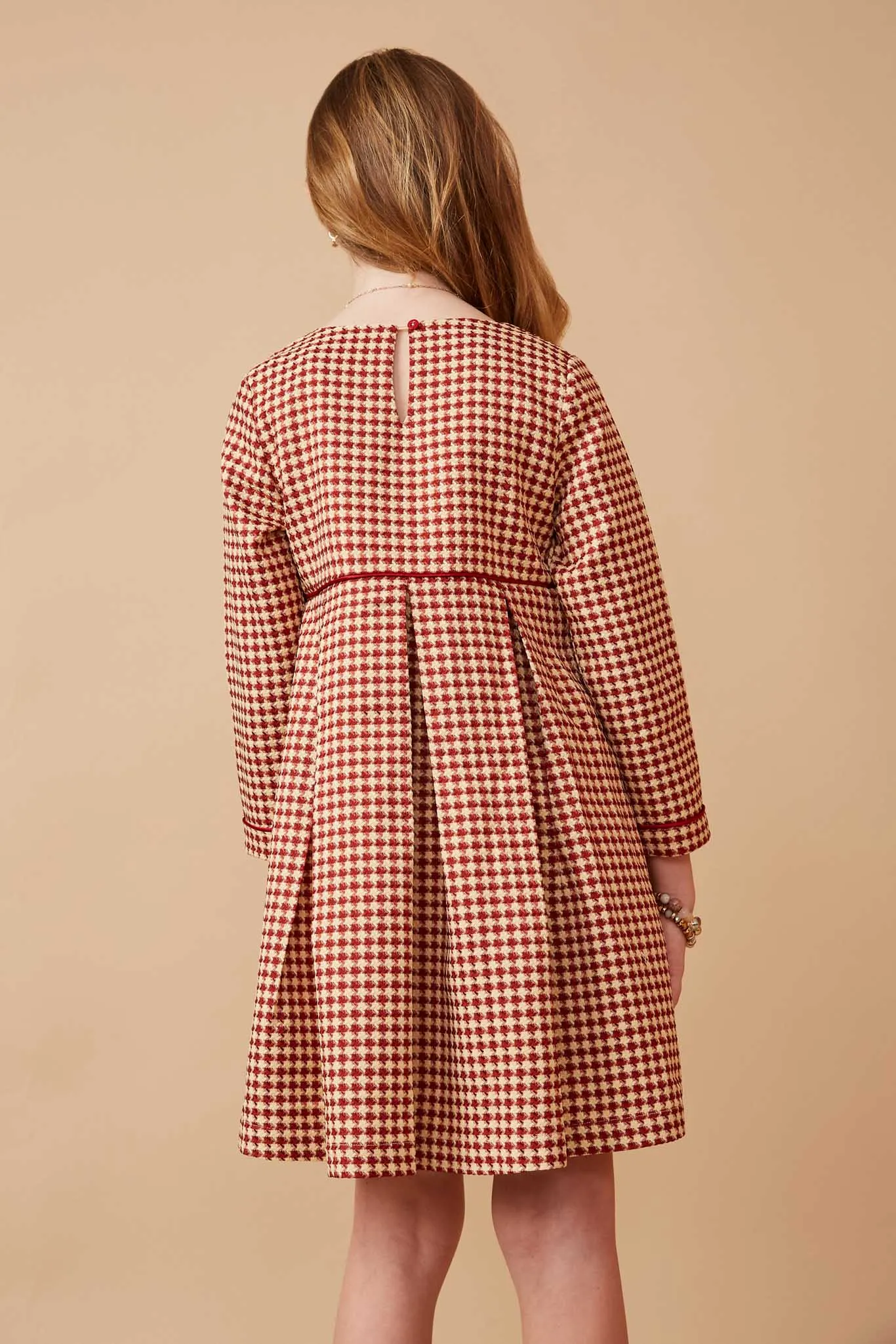 Piping Detailed Houndstooth Box Pleat Dress