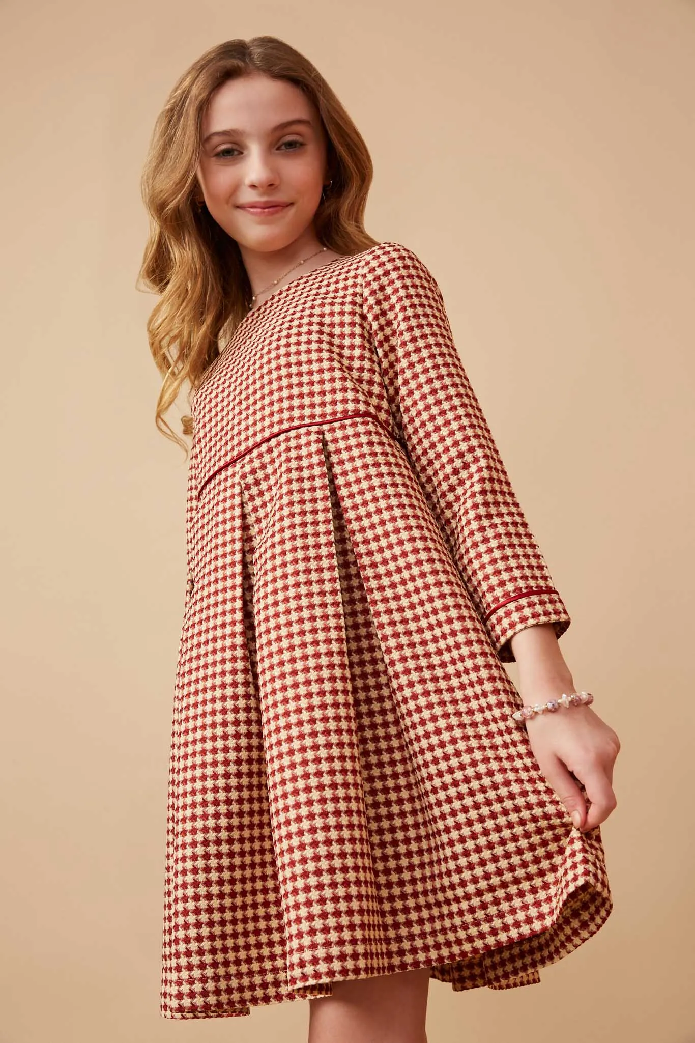 Piping Detailed Houndstooth Box Pleat Dress