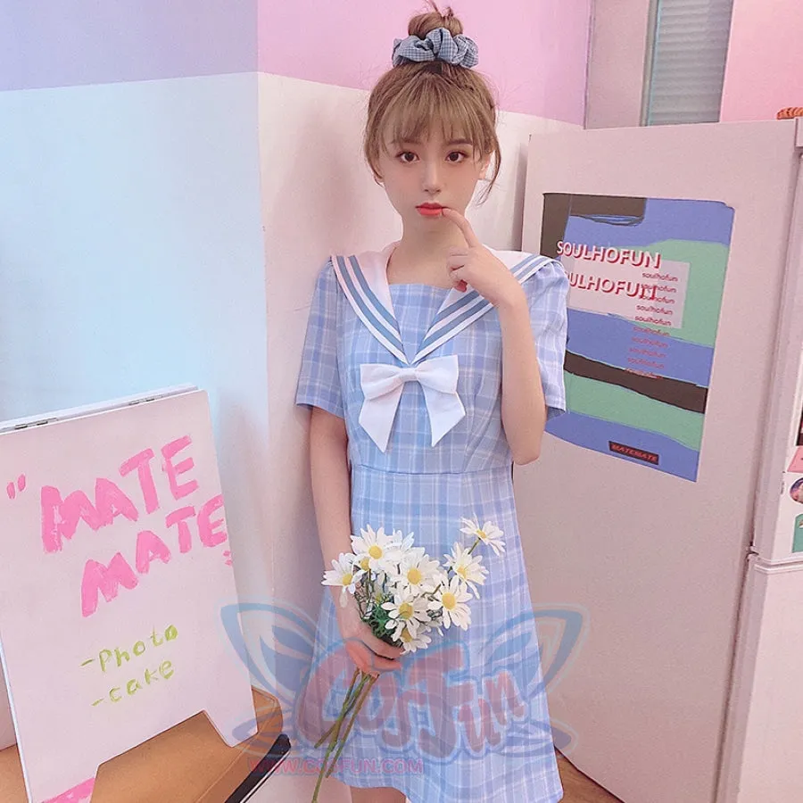 Plaid Sailor Collar Bowknot Dress J40165