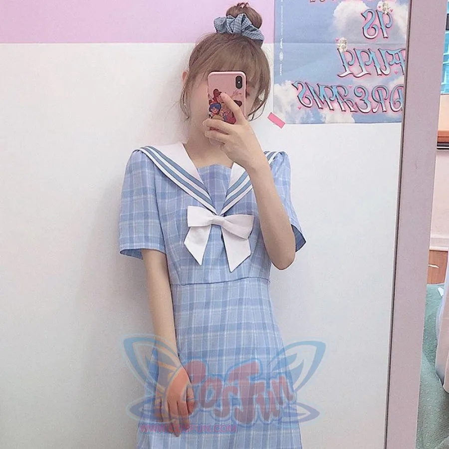 Plaid Sailor Collar Bowknot Dress J40165