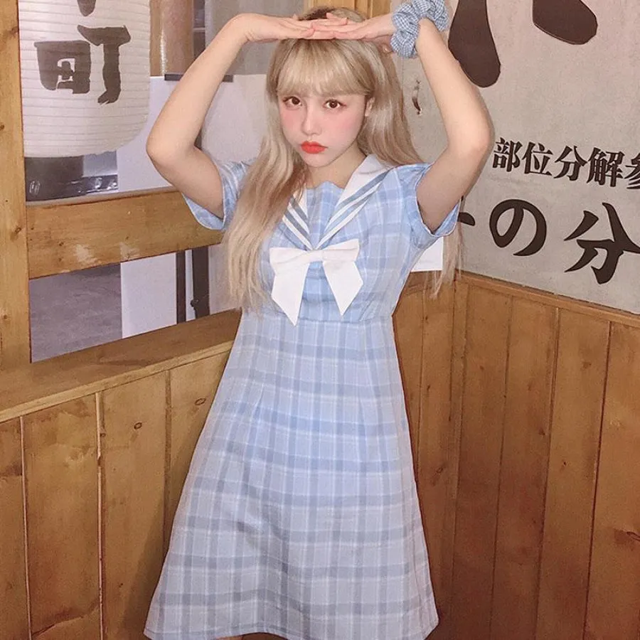 Plaid Sailor Collar Bowknot Dress J40165