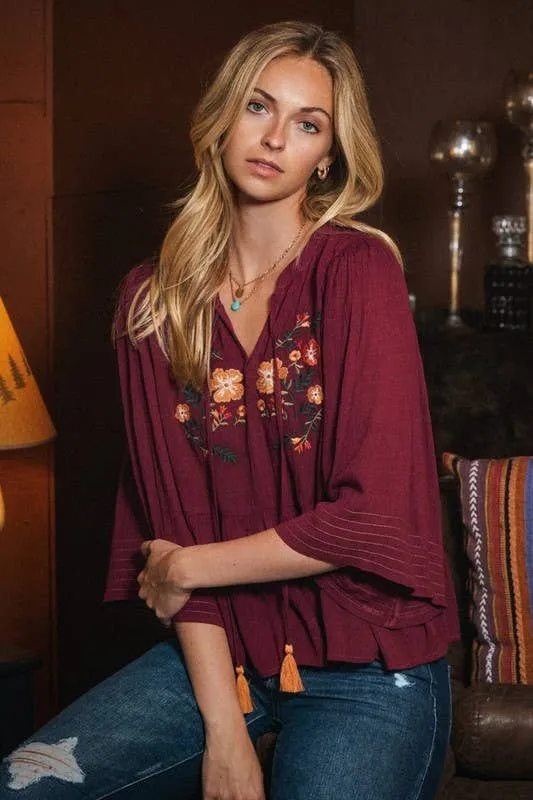 Plus  Half Wing Sleeve Blouse in Burgundy