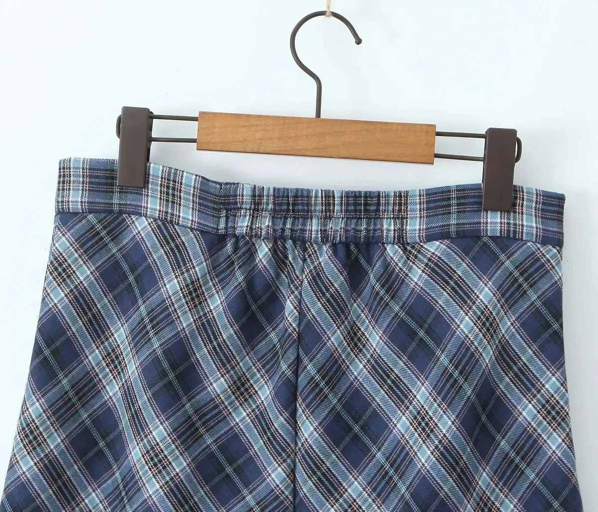 Plus Size Blue Plaid Back Slit Straight Skirt