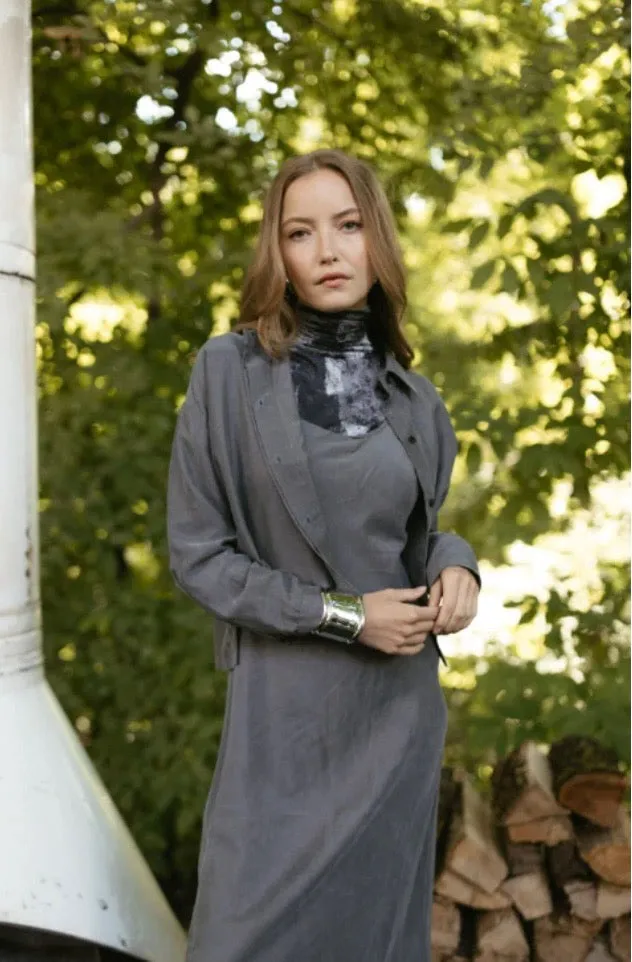 Point Sueded A-Line Slip Dress in Gunmetal