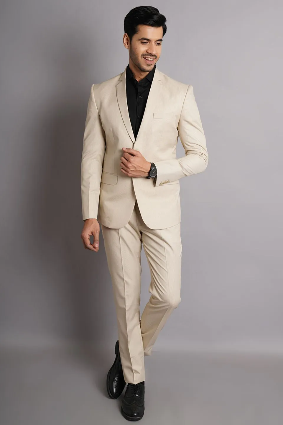 Poly Viscose Beige Solid Two Piece Suit