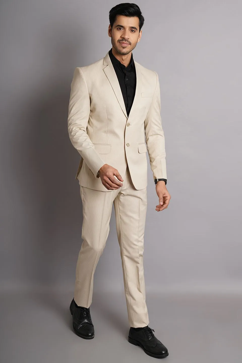 Poly Viscose Beige Solid Two Piece Suit