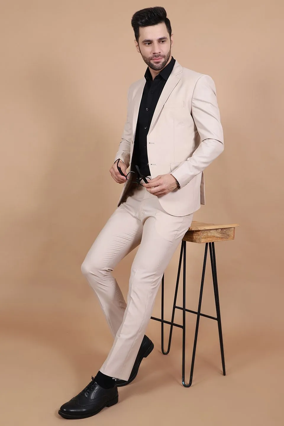 Polyester Cotton Beige Two Piece Suit