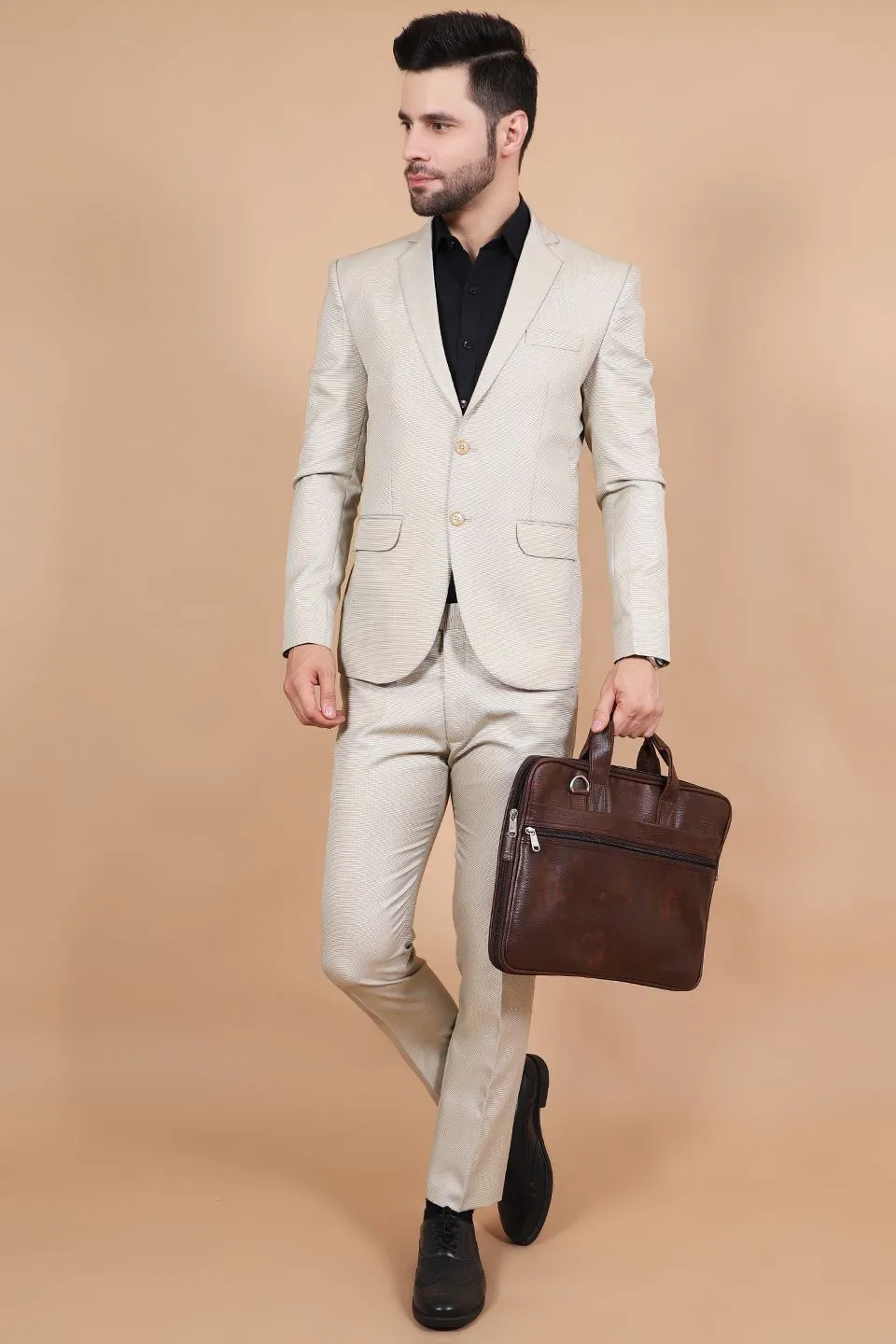 Polyester Cotton Beige Two Piece Suit