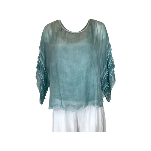 Pompom Sleeve Silk Top (Multiple Colors)