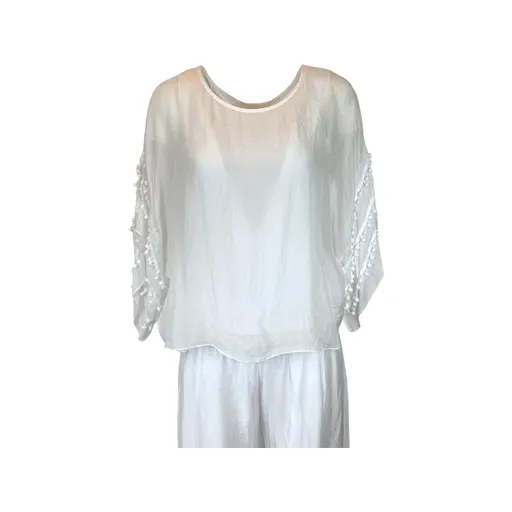 Pompom Sleeve Silk Top (Multiple Colors)
