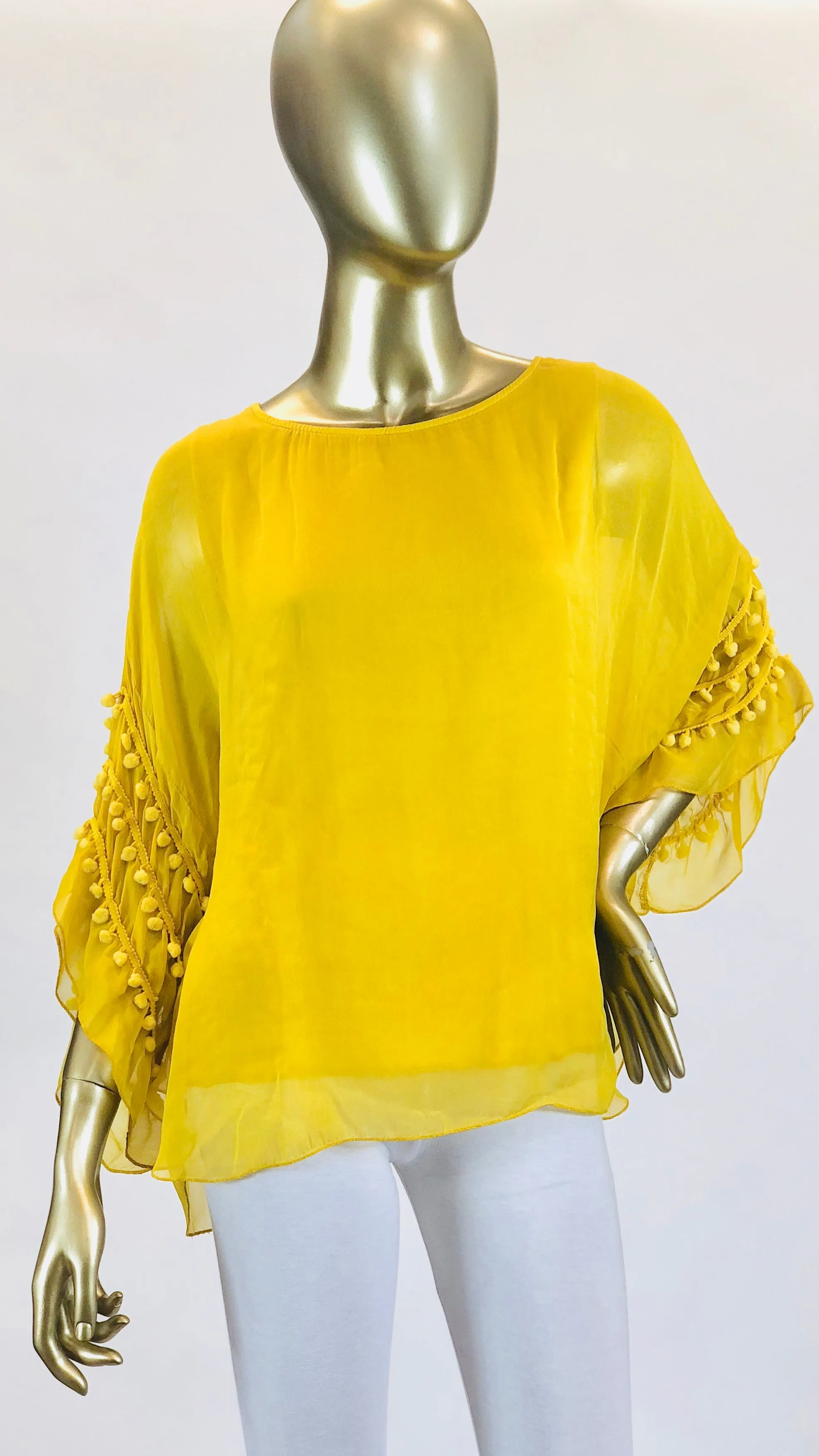 Pompom Sleeve Silk Top (Multiple Colors)