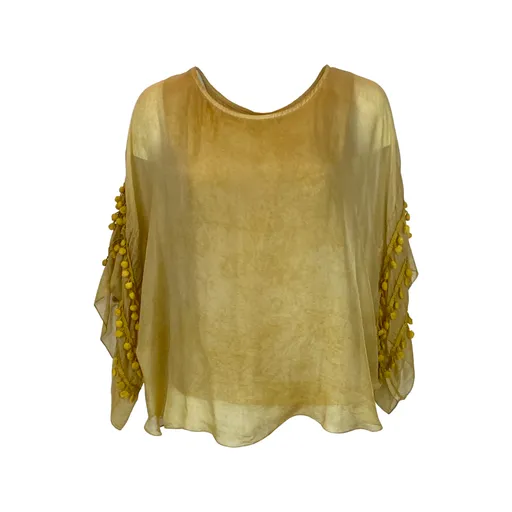 Pompom Sleeve Silk Top (Multiple Colors)