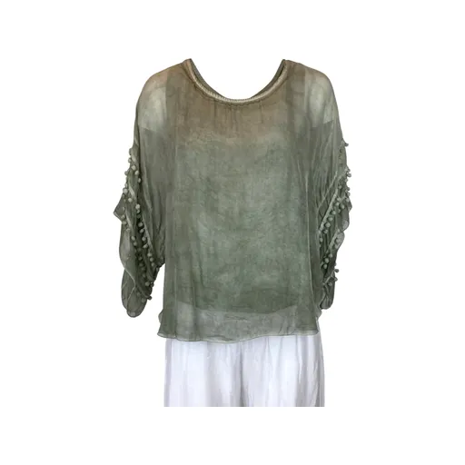 Pompom Sleeve Silk Top (Multiple Colors)