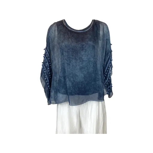 Pompom Sleeve Silk Top (Multiple Colors)