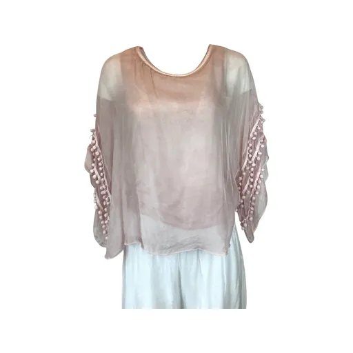 Pompom Sleeve Silk Top (Multiple Colors)