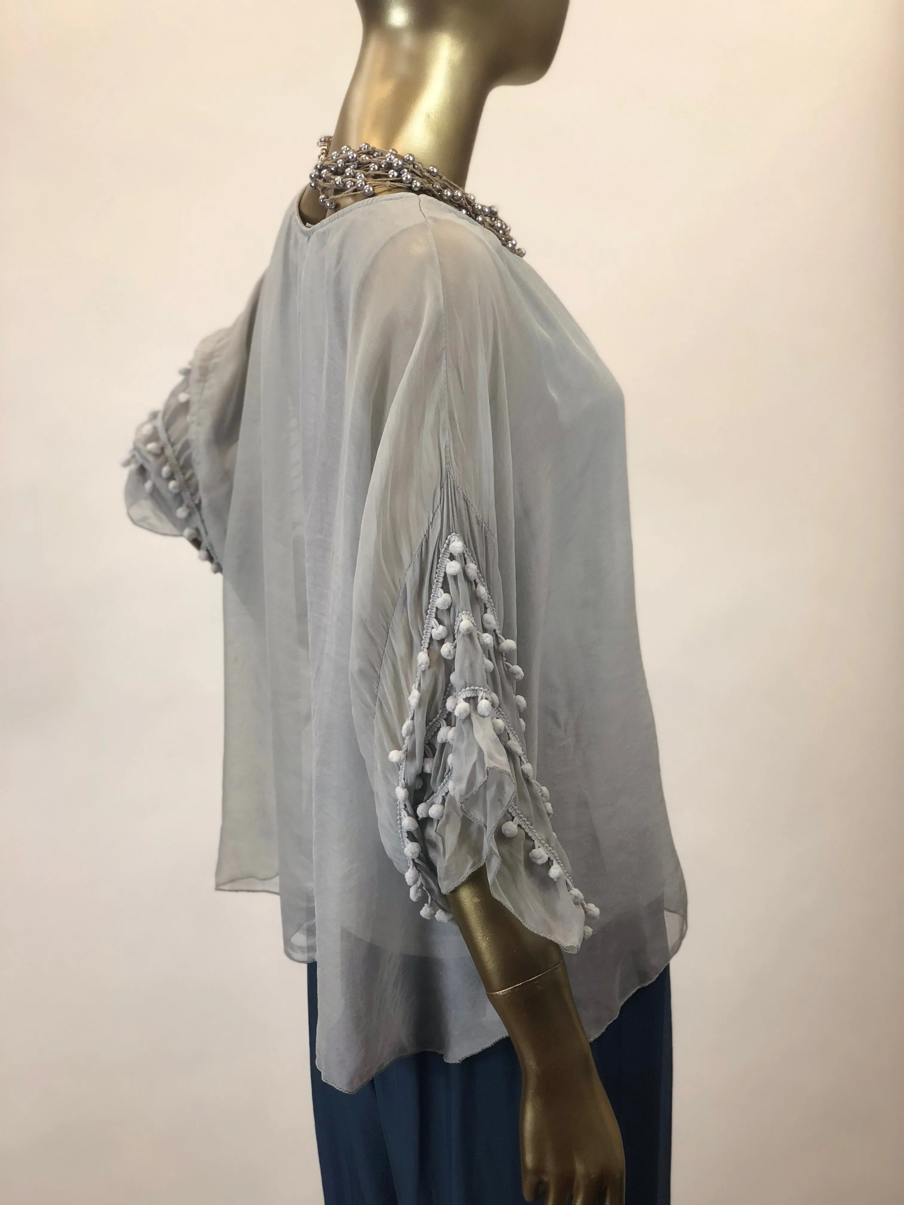 Pompom Sleeve Silk Top (Multiple Colors)