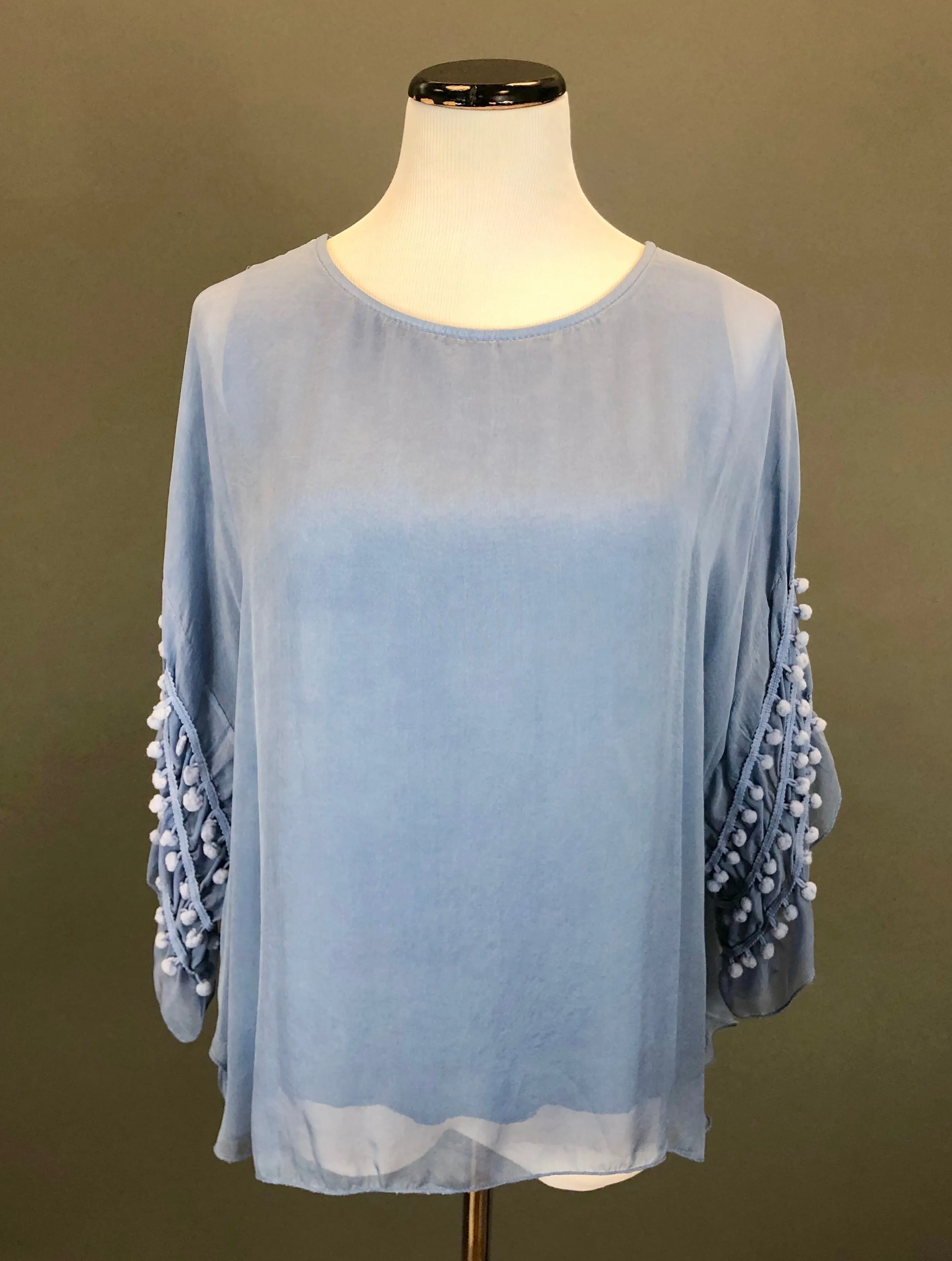 Pompom Sleeve Silk Top (Multiple Colors)