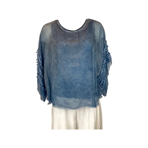 Pompom Sleeve Silk Top (Multiple Colors)