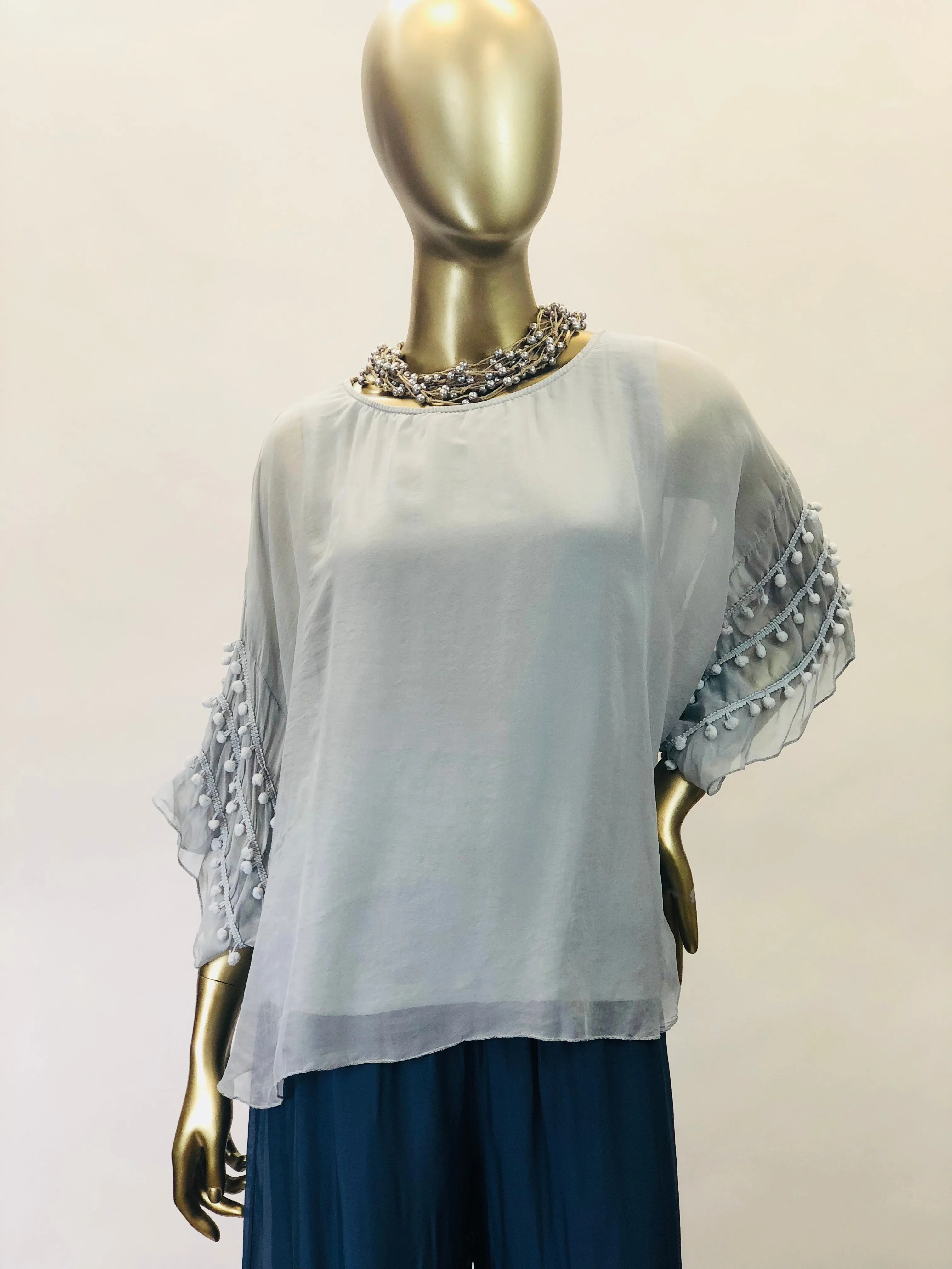 Pompom Sleeve Silk Top (Multiple Colors)