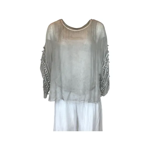 Pompom Sleeve Silk Top (Multiple Colors)