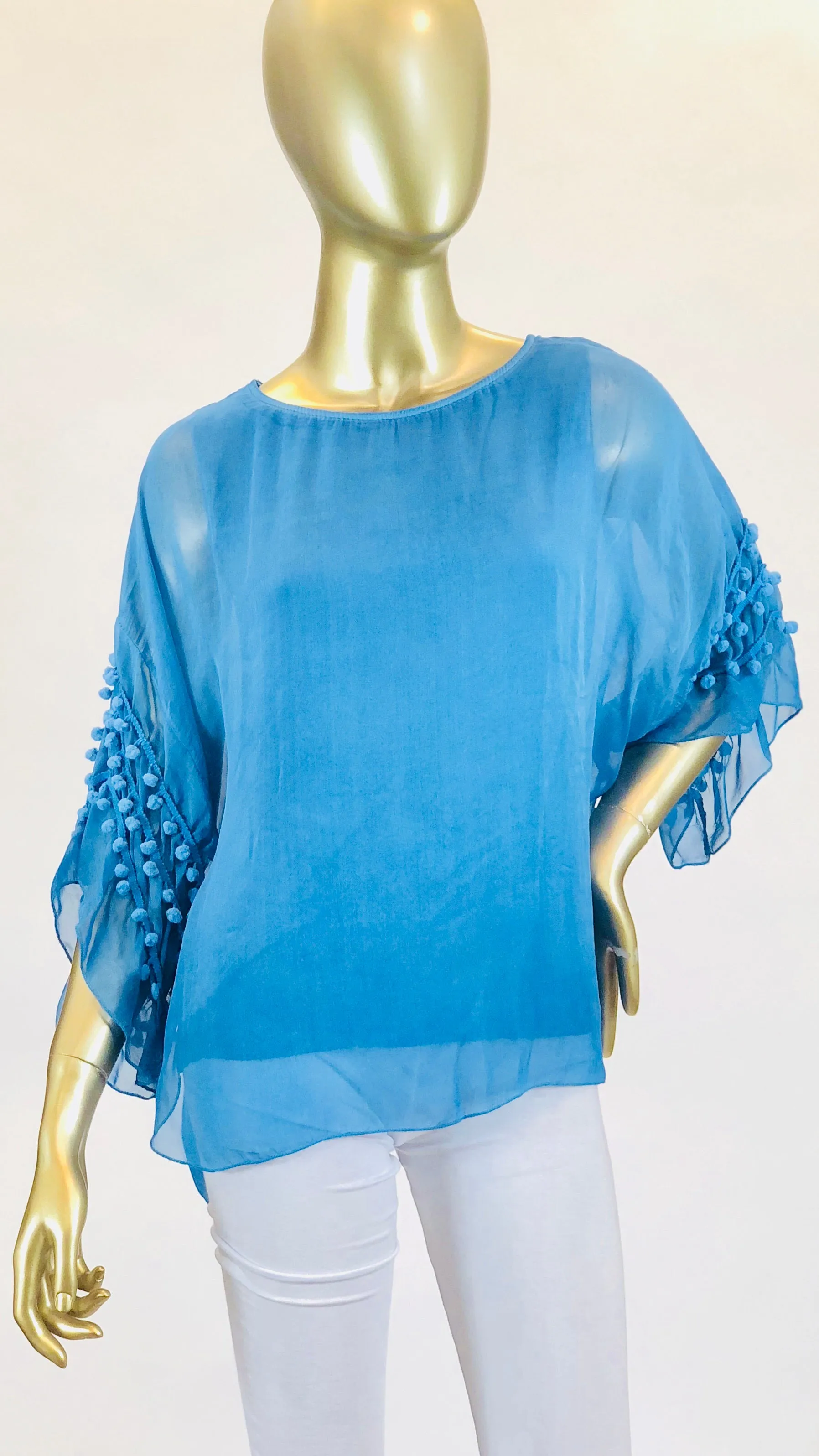 Pompom Sleeve Silk Top (Multiple Colors)