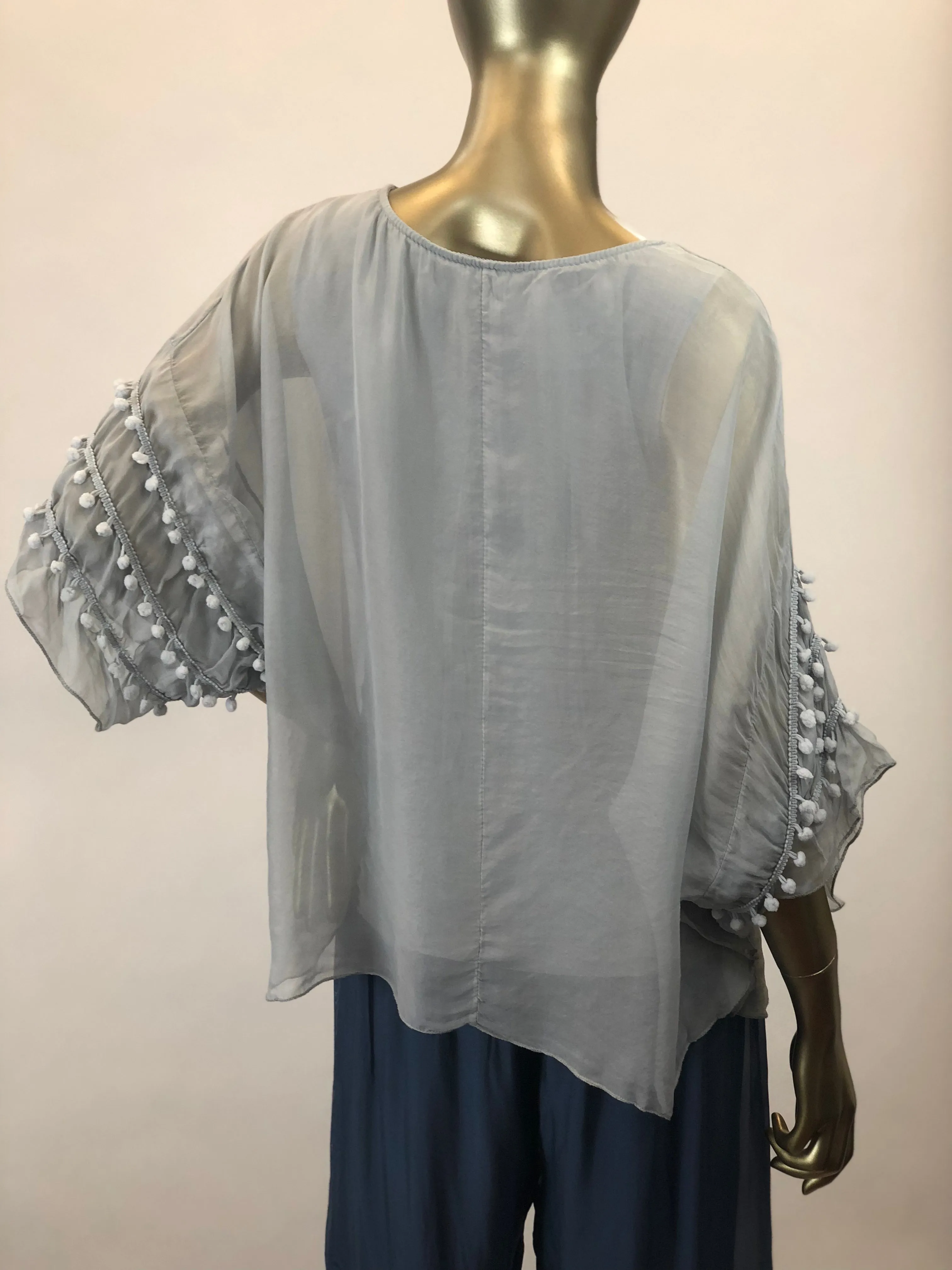 Pompom Sleeve Silk Top (Multiple Colors)