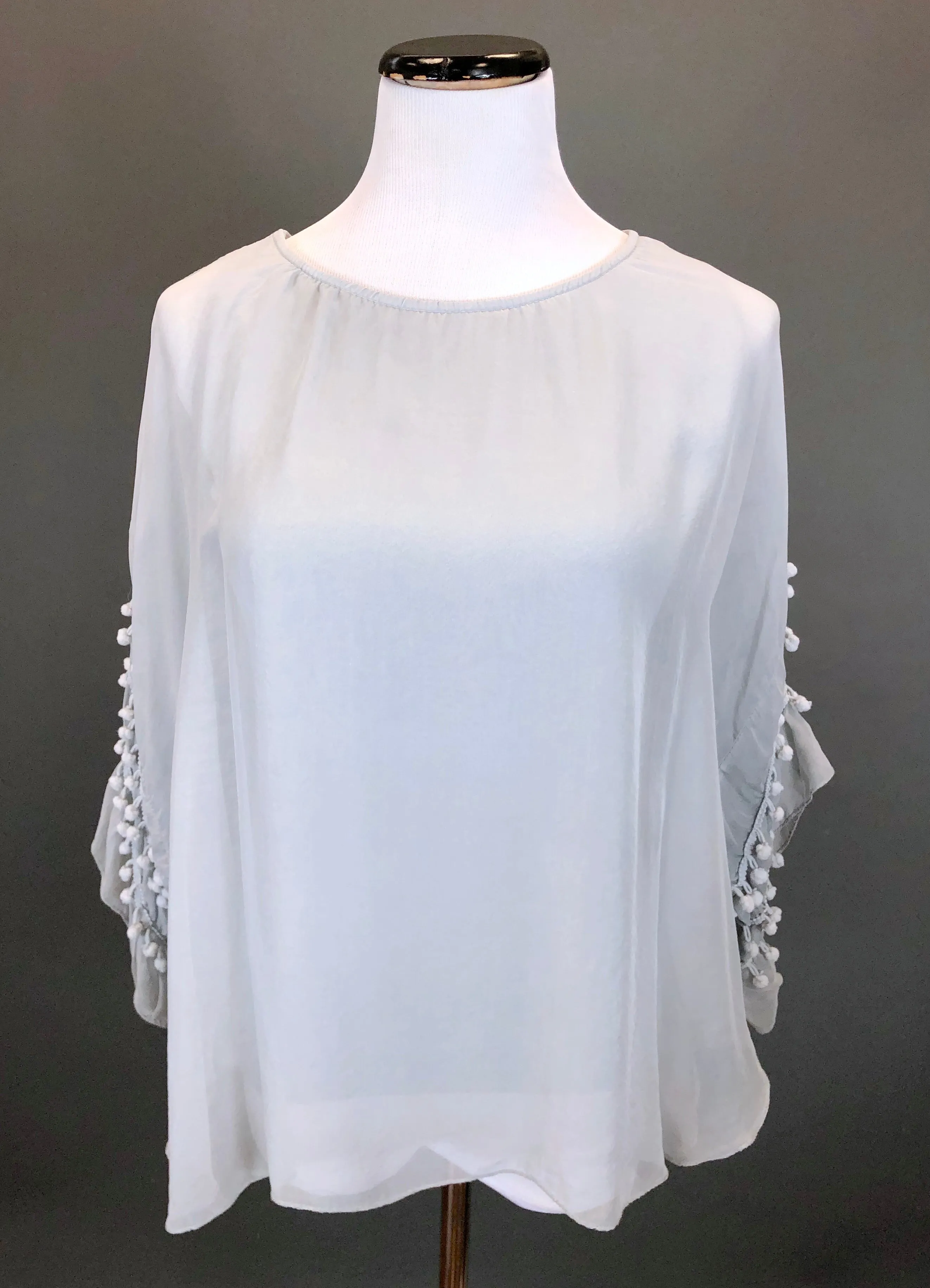 Pompom Sleeve Silk Top (Multiple Colors)