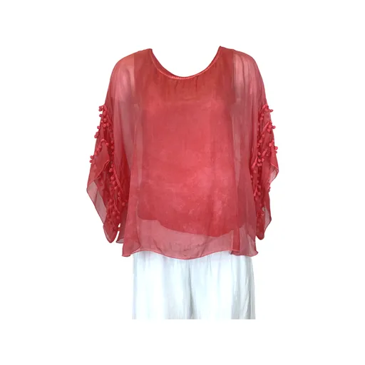 Pompom Sleeve Silk Top (Multiple Colors)