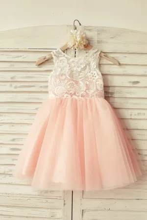 Princess Ivory Lace Blush Pink Tulle Flower Girl Dress