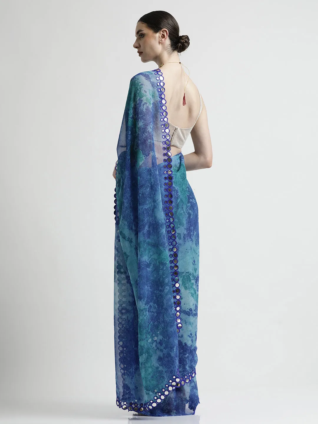 Pure Georgette Patola Mirror Blue Tie-Dye Saree