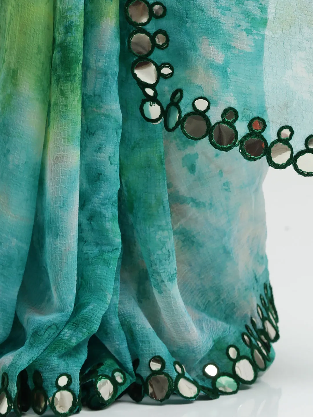Pure Georgette Patola Mirror Green Tie-Dye Saree