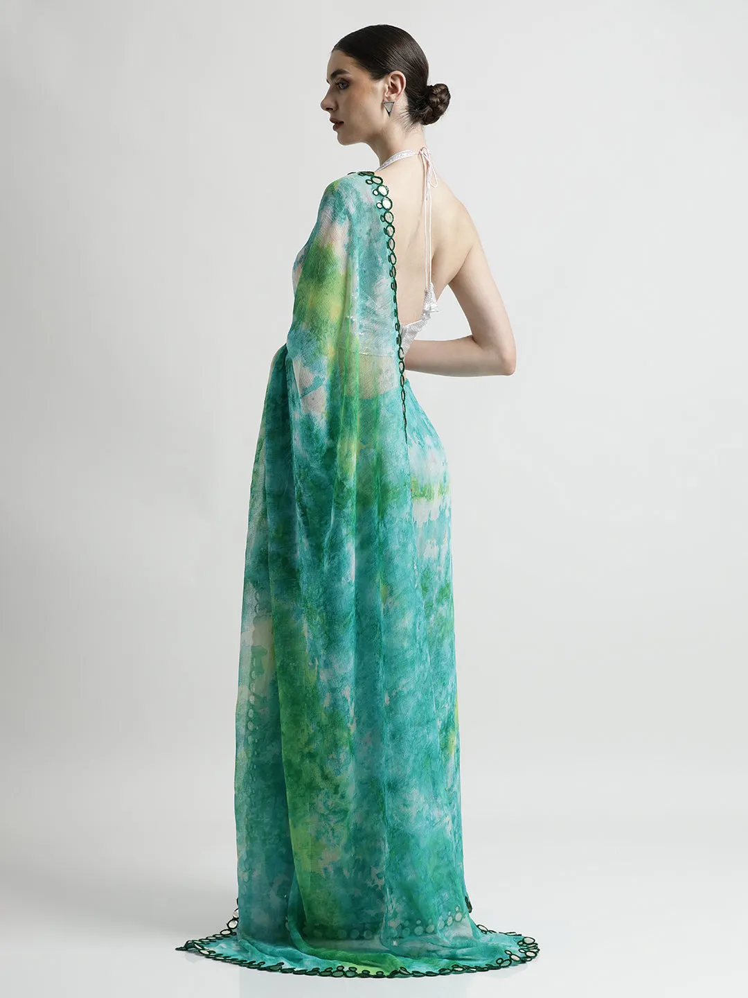 Pure Georgette Patola Mirror Green Tie-Dye Saree
