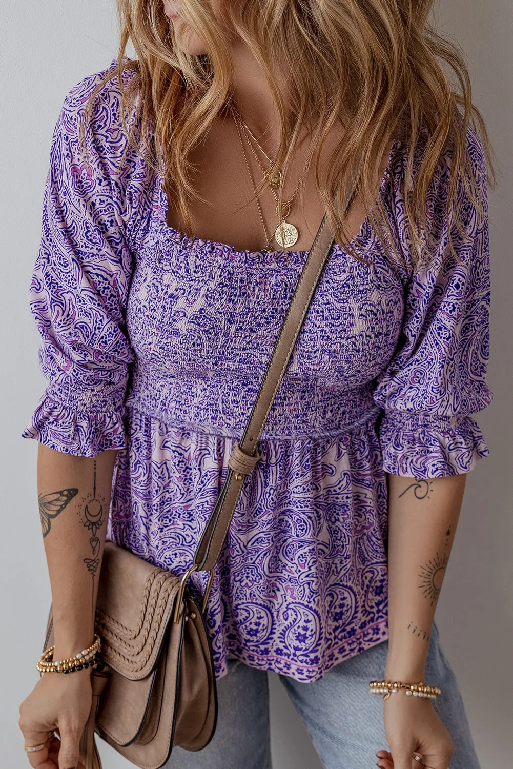 Purple Boho Paisley Print Half Sleeve Shirred Peplum Blouse