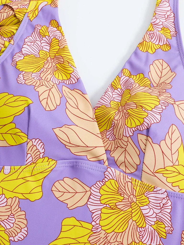 Purple Leaf Print V Neck One Piece With Bathing Suit Wrap Skirt
