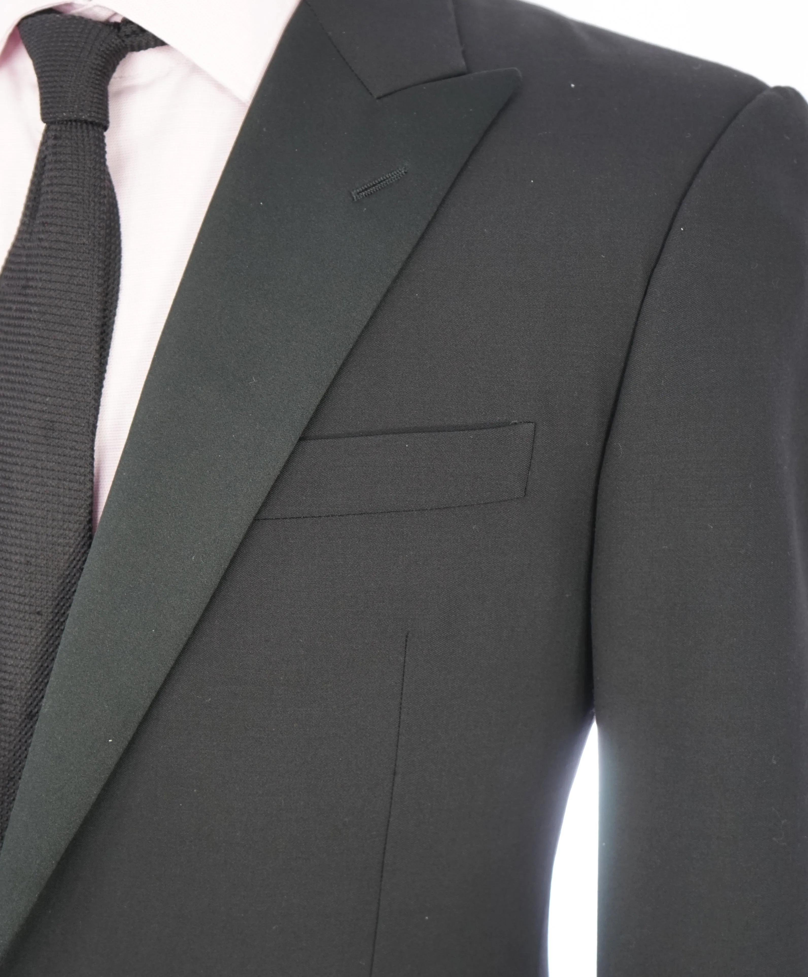 RALPH LAUREN PURPLE LABEL - Peak Lapel Black Tuxedo Suit With Side Tabs - 44R