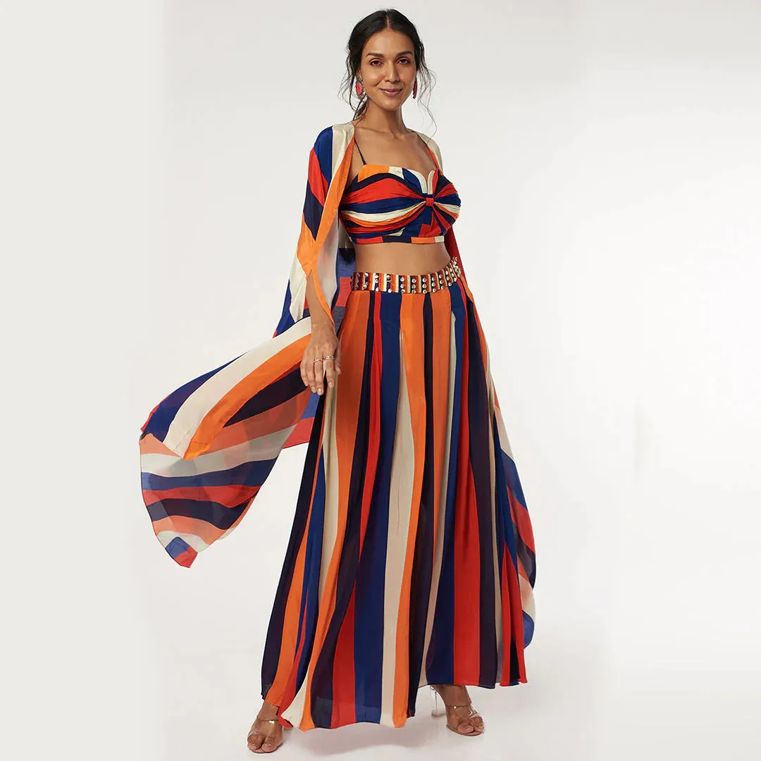 RASA STRIPES PRINT BIKINI BUSTIER WITH PLEATED PANTS AND CAPE