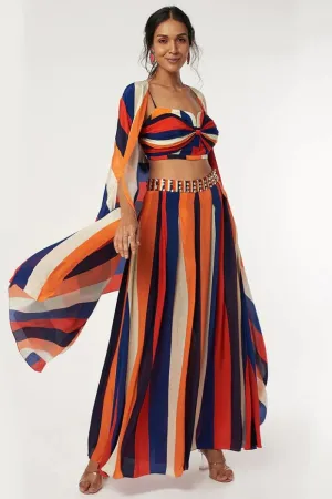 RASA STRIPES PRINT BIKINI BUSTIER WITH PLEATED PANTS AND CAPE