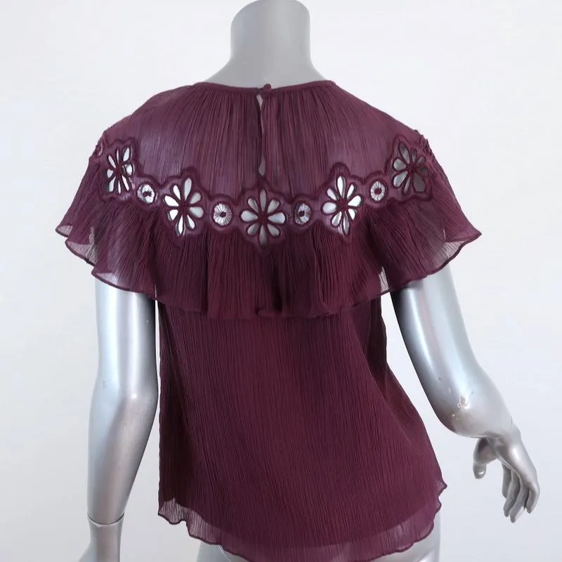 Rebecca Taylor Ruffle Top Pinwheel Purple Eyelet-Embroidered Size 4 Short Sleeve