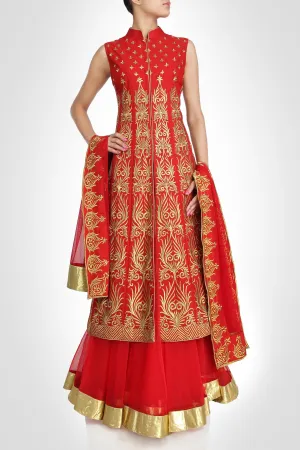 Red color Long Jacket lehenga available online